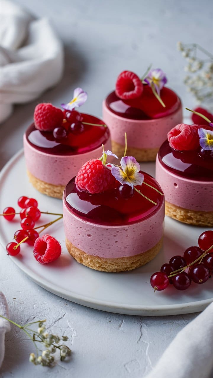 Petits gâteaux fruités avec framboises et groseilles rouges.