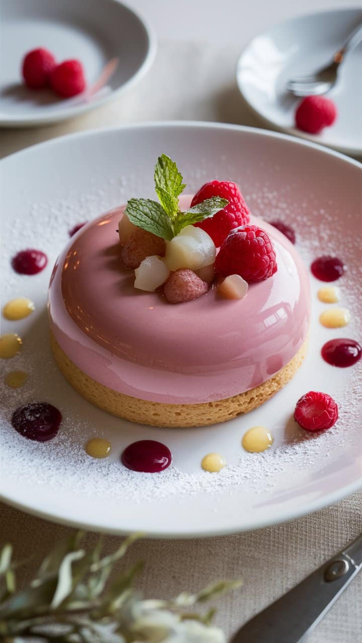 Gâteau rose aux framboises et menthe.