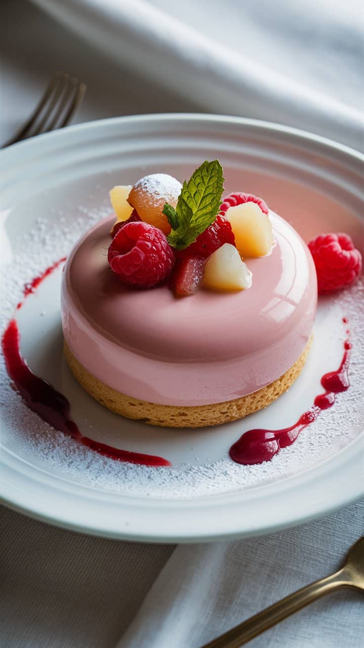 Gâteau mousse fruité avec framboises et menthe