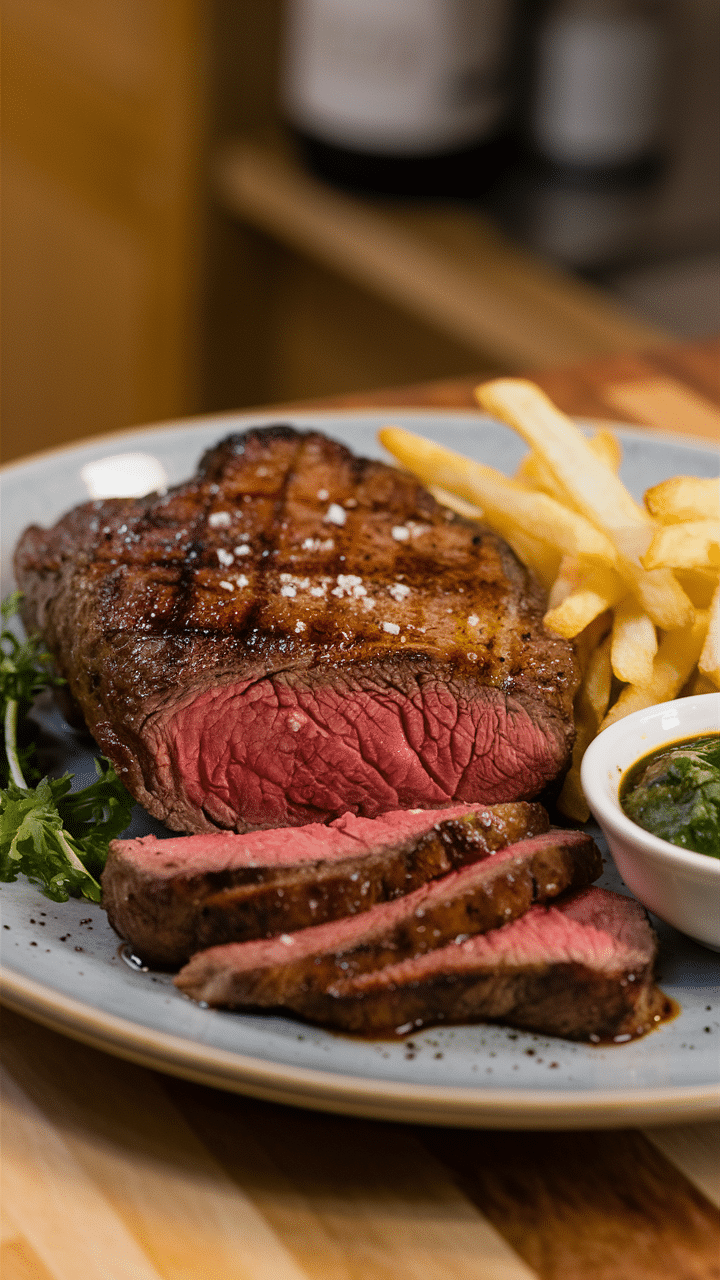 Steak grillé saignant avec frites et sauce verte.