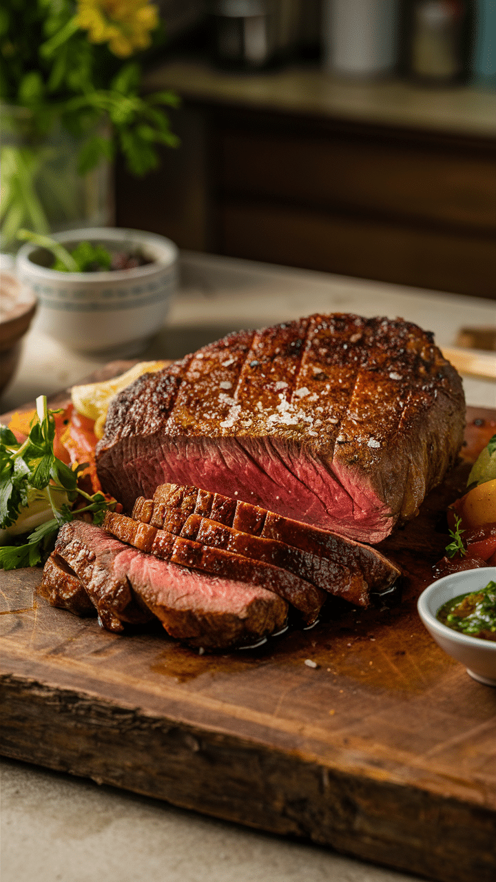 Steak saignant sur planche de bois.