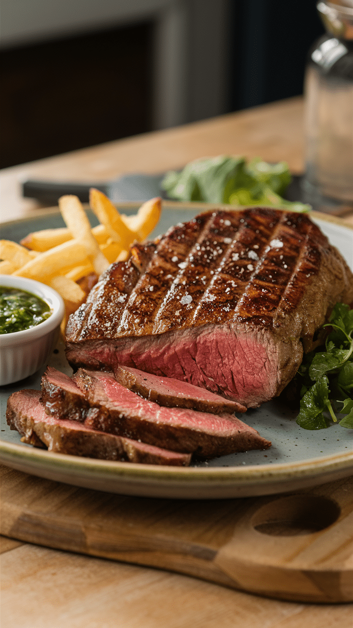 Steak grillé avec frites et sauce verte.