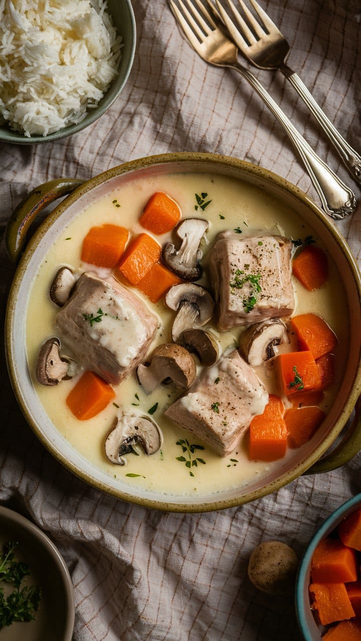 Blanquette de veau avec carottes et champignons.