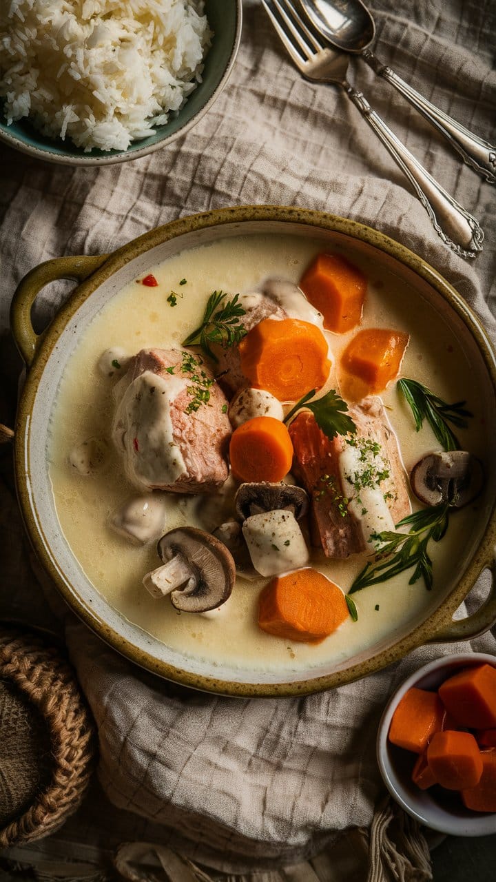 Blanquette de veau avec carottes et champignons.