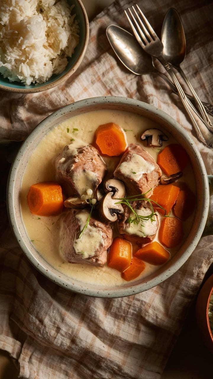 Plat de viande en sauce avec légumes.