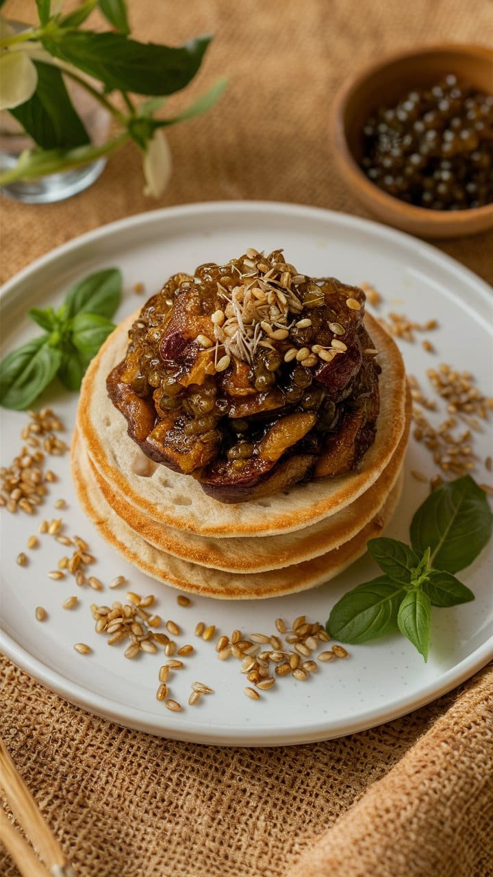Crêpes garnies de fruits secs et herbes fraîches.