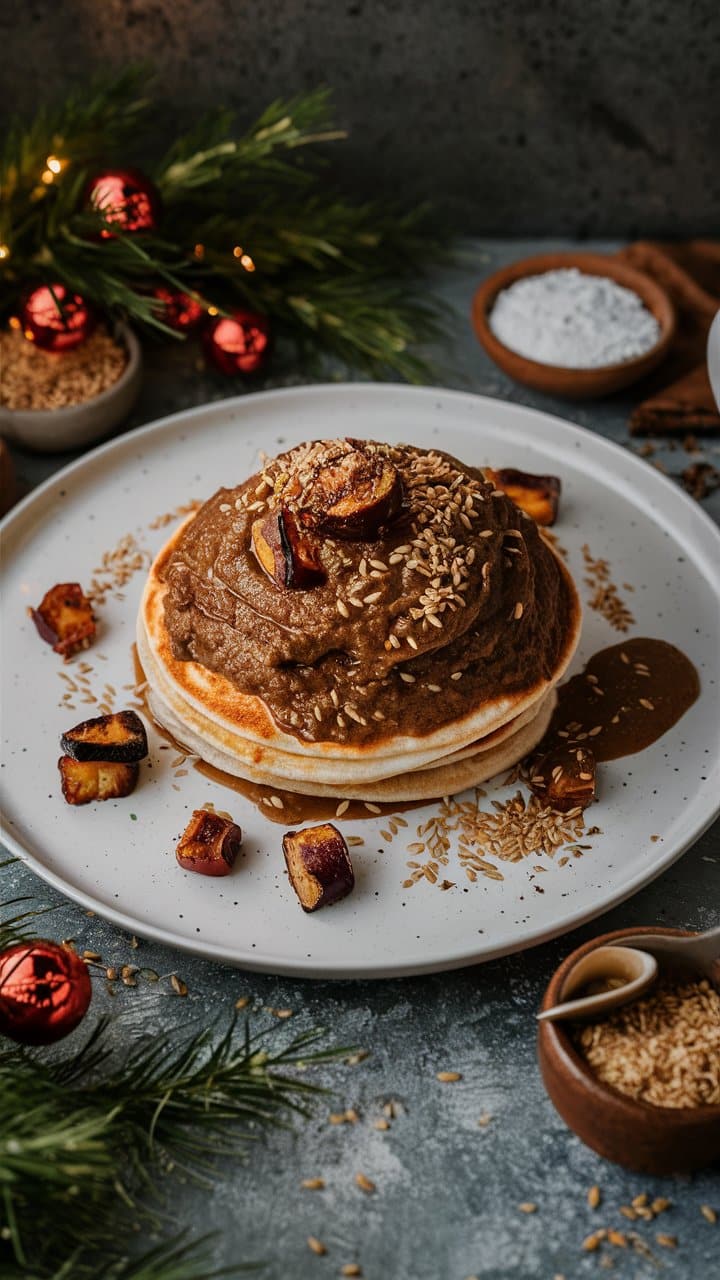 Pancakes au chocolat, décorations festives.