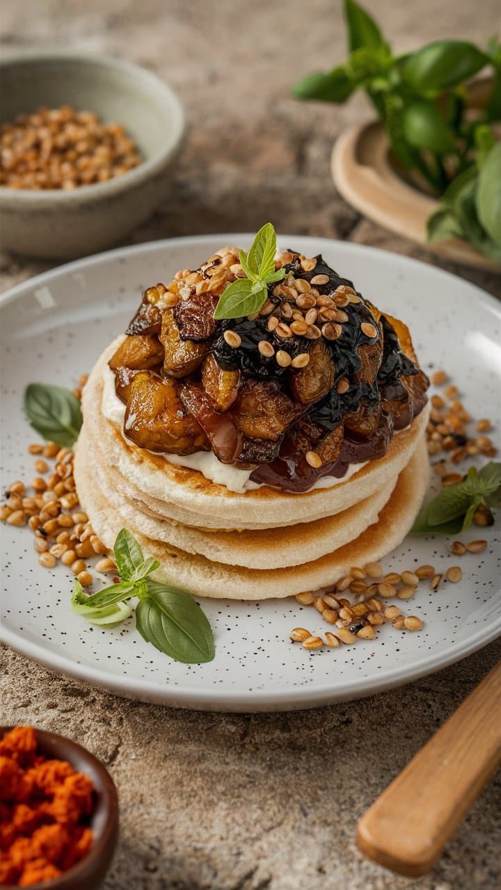 Pancakes garnis de légumes et graines.