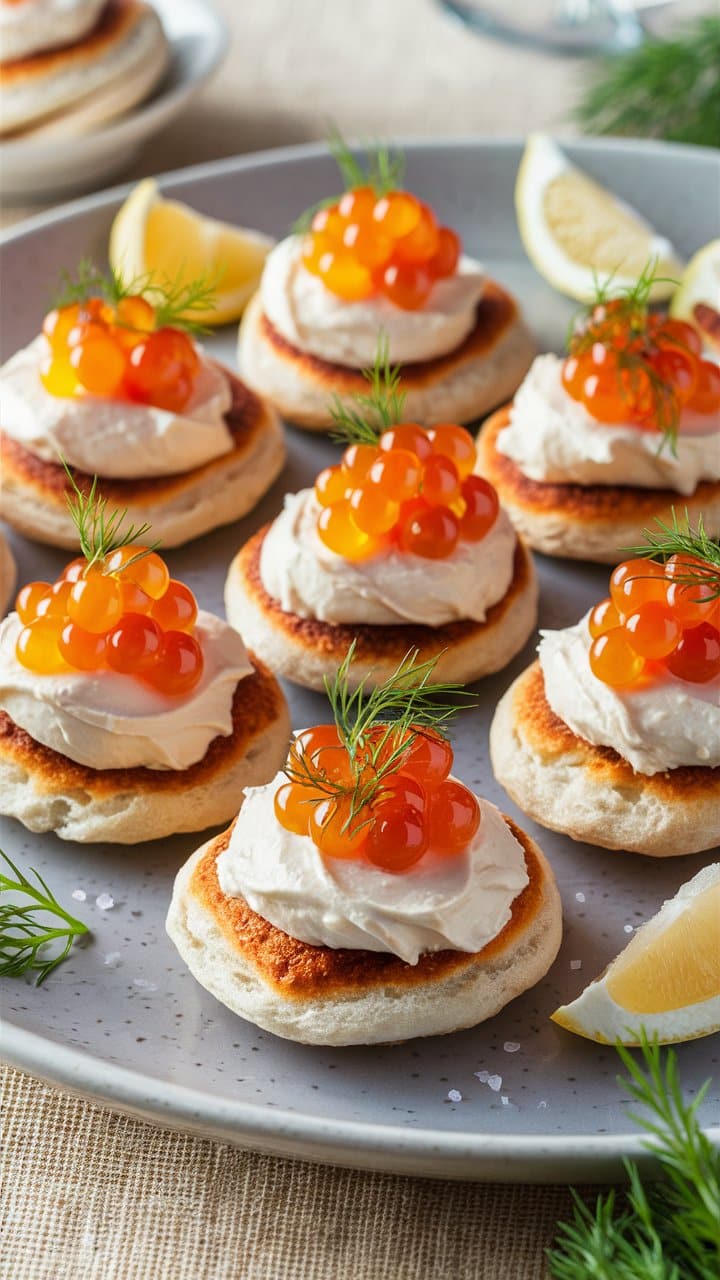 Blinis au saumon et aneth sur assiette grise.