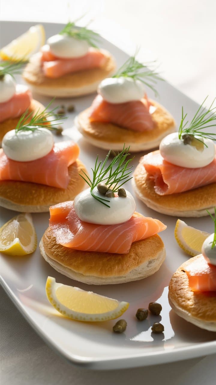 Blinis au saumon, crème fraîche et aneth.