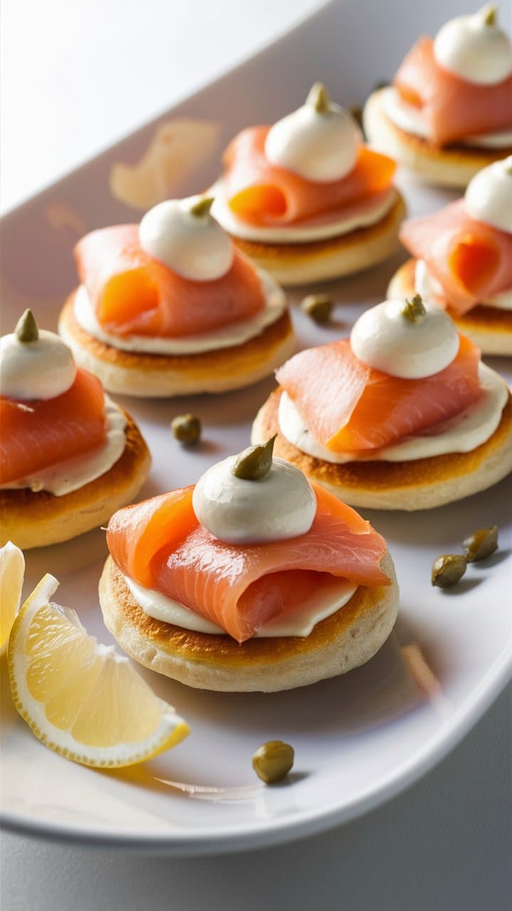 Blinis au saumon et crème fraîche citronnée.