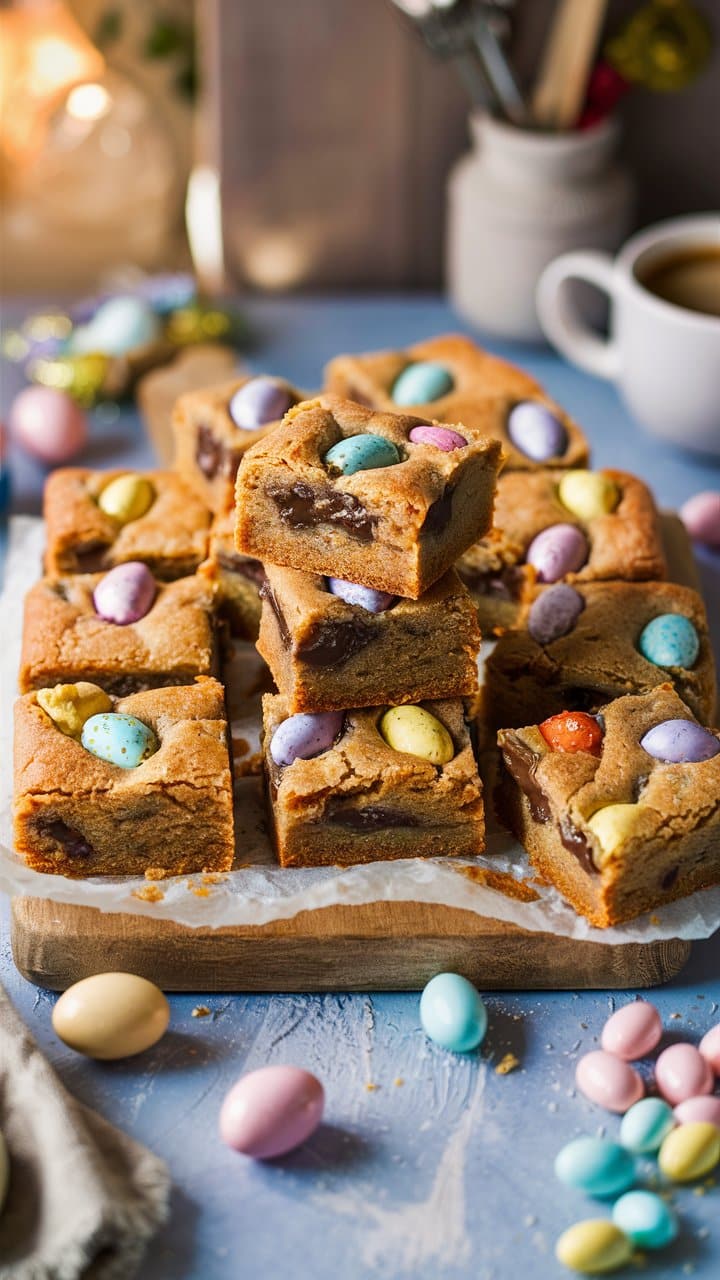 Carrés de gâteau chocolat avec œufs colorés.