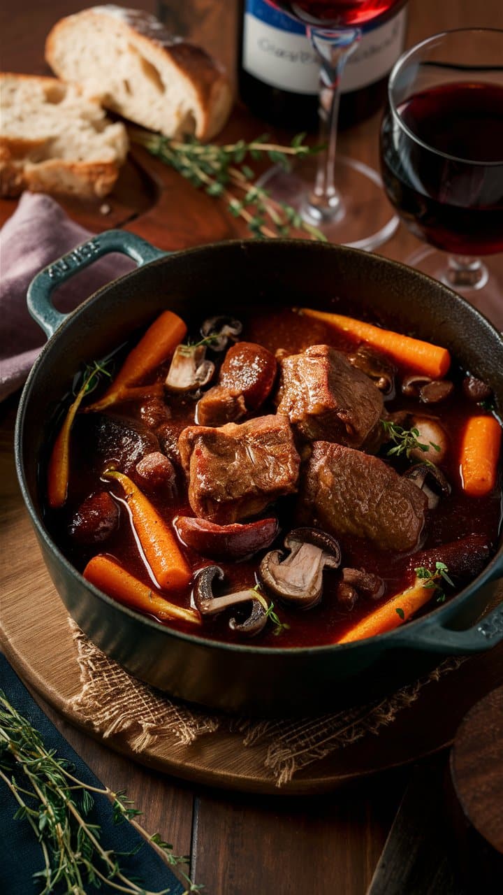 Bœuf bourguignon garni de légumes, vin et pain.