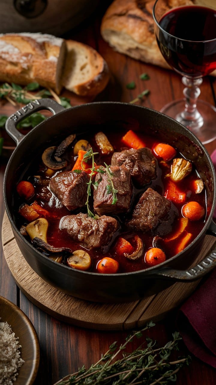 Boeuf bourguignon dans une casserole en fonte.