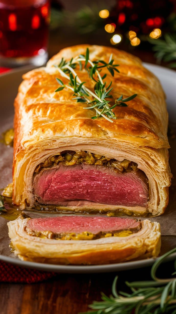 Bœuf Wellington garni de branches de romarin.