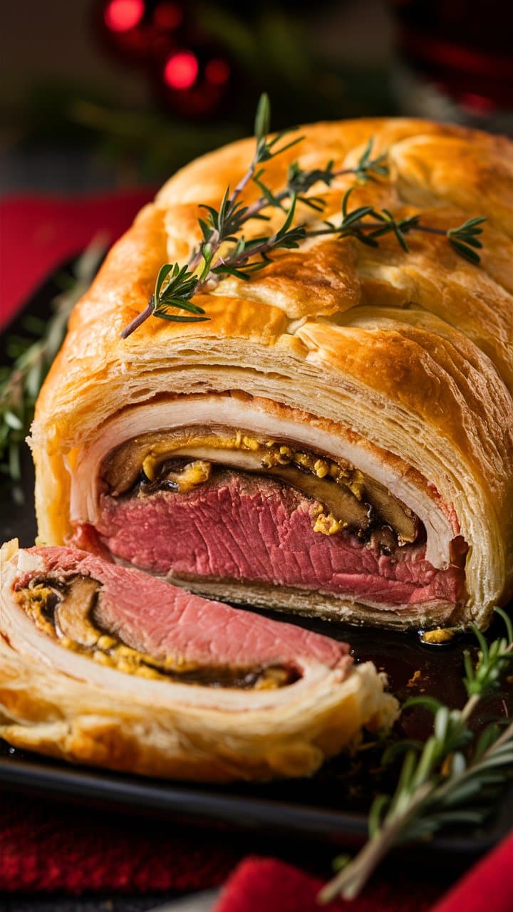 Bœuf Wellington avec pâte feuilletée dorée.