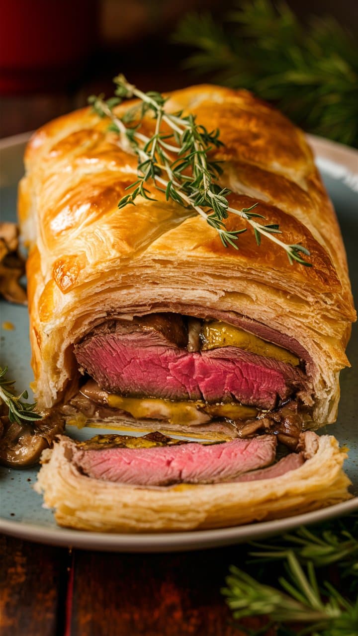 Bœuf Wellington en croûte avec herbes fraîches.