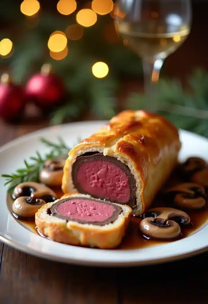 Bœuf Wellington avec sauce et champignons.