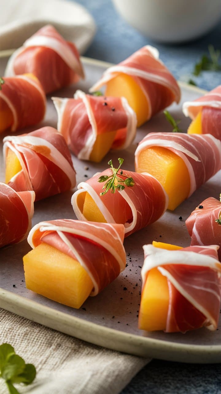 Tranches de melon enveloppées de jambon cru.