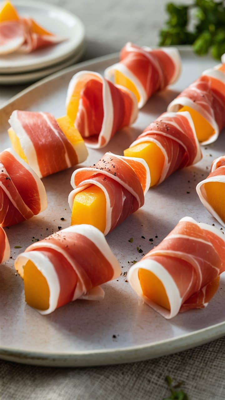 Morceaux de melon enroulés de jambon cru.