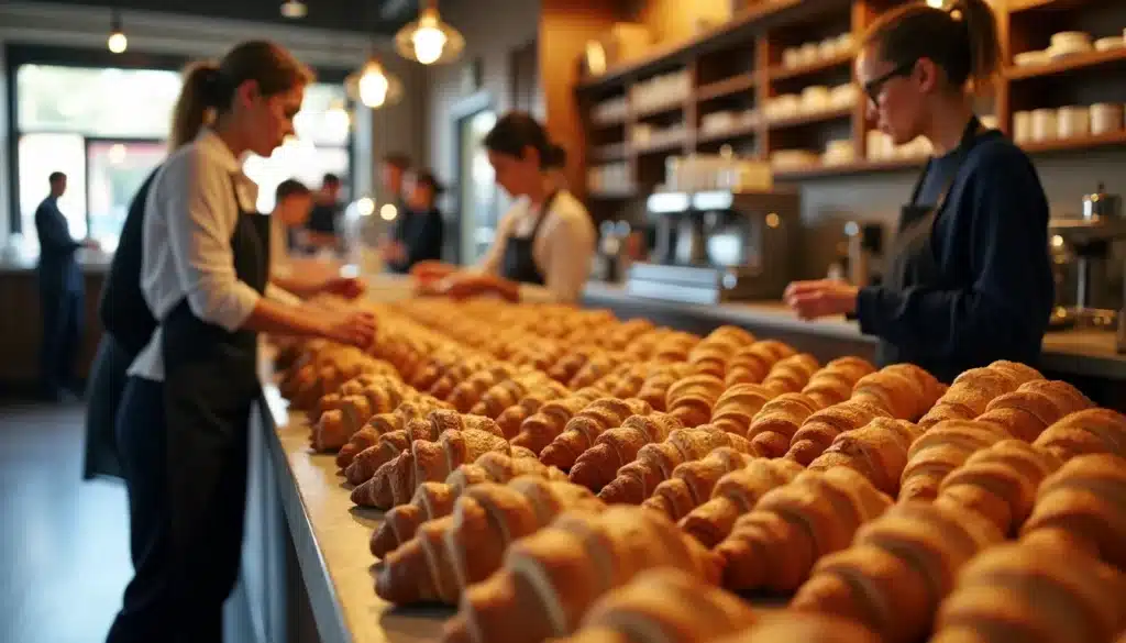 Pâtisserie avec croissants et employés en service.