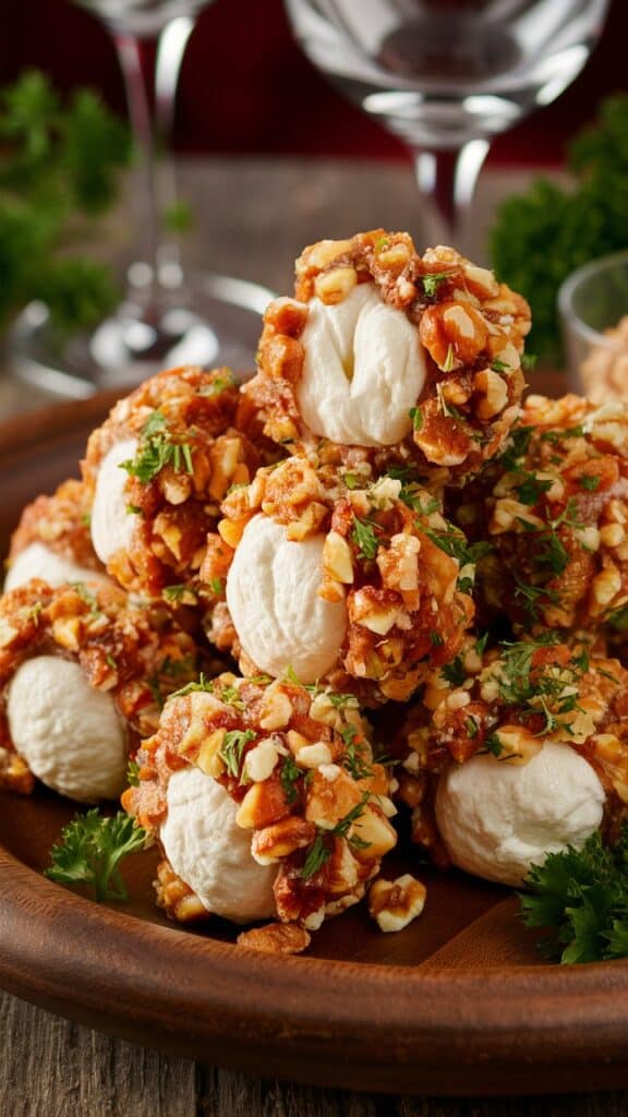 Boules de fromage aux noix et herbes sur assiette.
