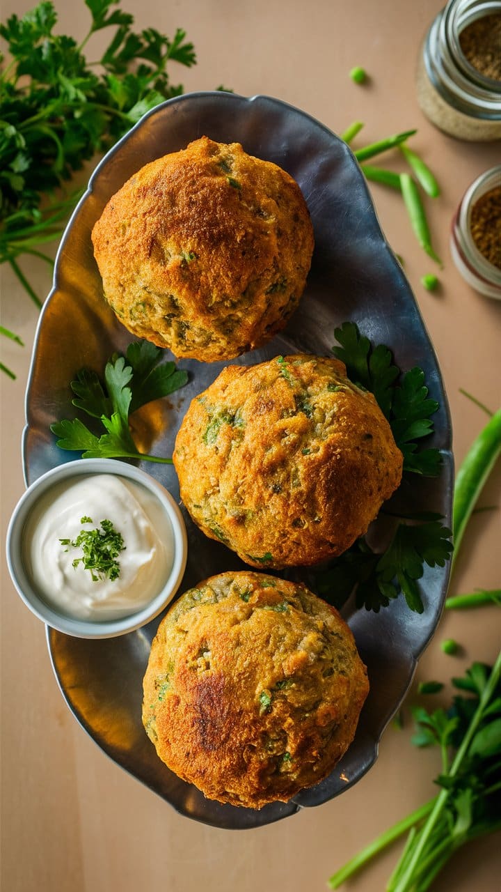 Falafels et sauce blanche sur plateau métal.