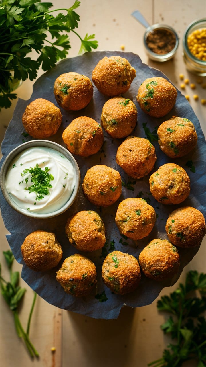Assiette de falafels avec sauce blanche.