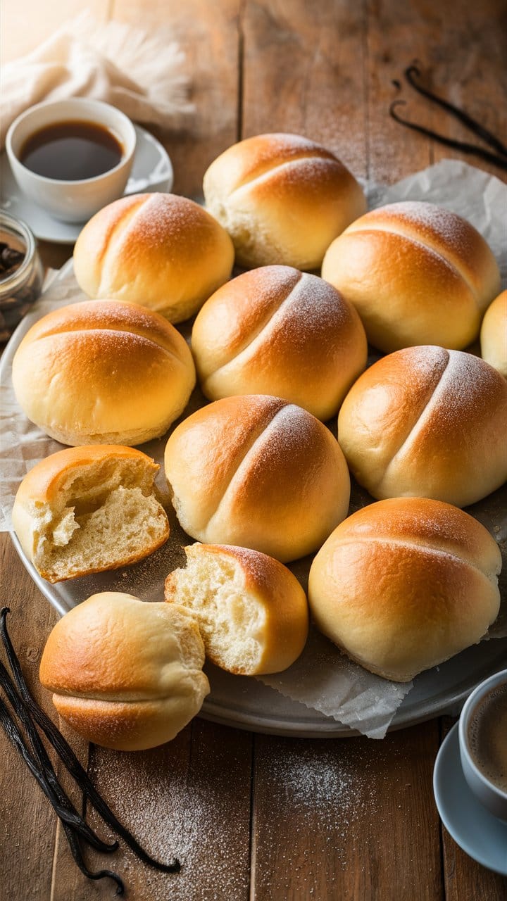 Brioches moelleuses sur une table en bois.