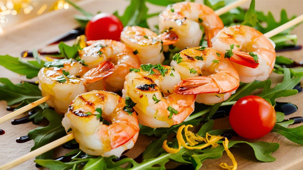 Brochettes de crevettes grillées sur lit de roquette.