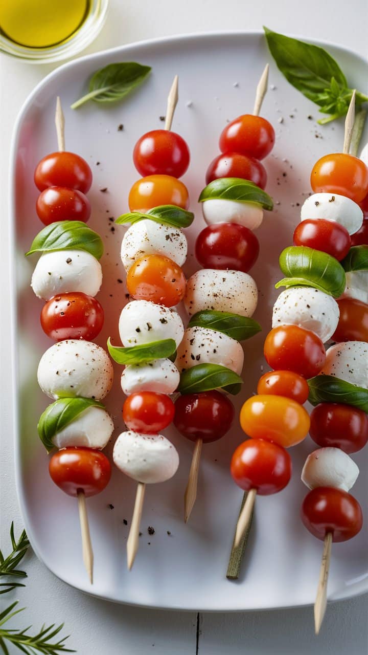 Brochettes caprese avec tomates cerises et mozzarella.