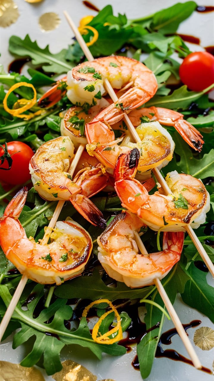Brochettes de crevettes grillées sur lit de roquette.