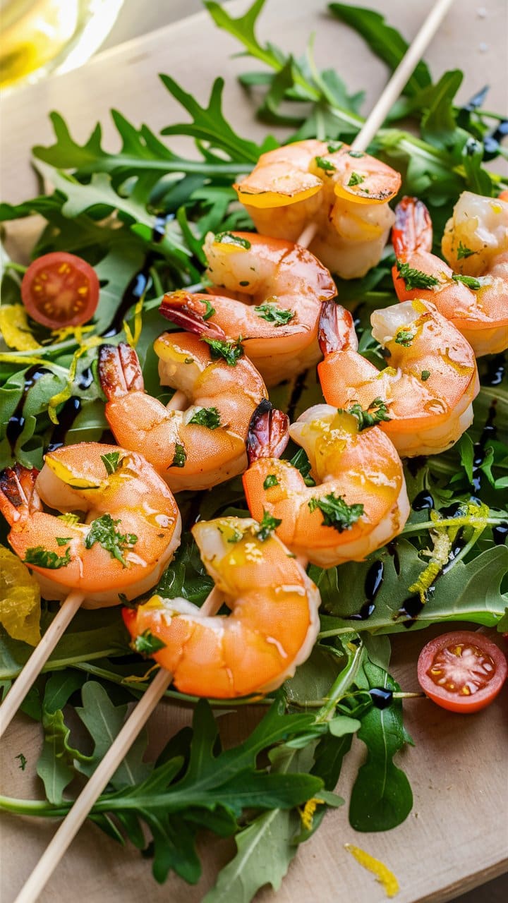 Brochettes de crevettes sur salade verte et tomate