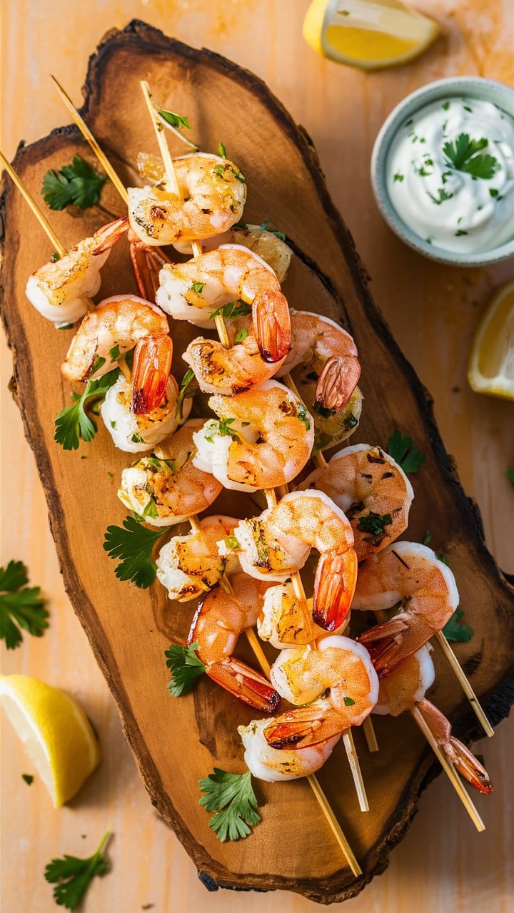 Brochettes de crevettes grillées avec sauce blanche.