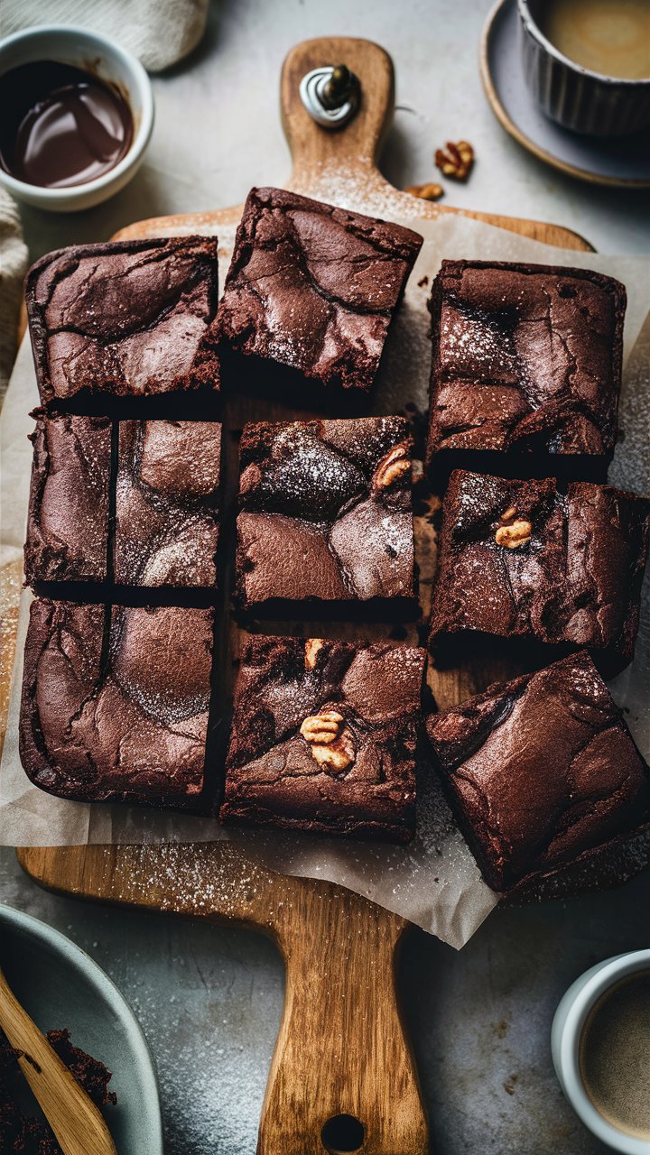 Brownies chocolat sur planche avec noix.