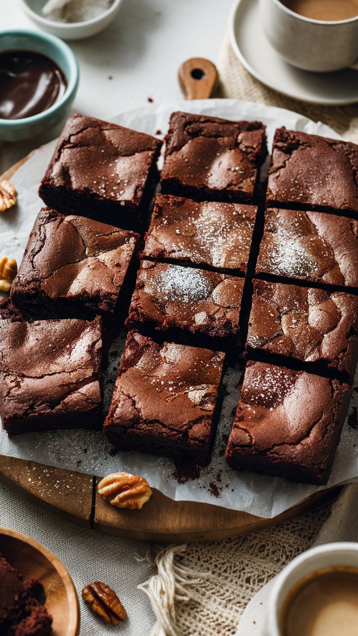 Brownies au chocolat sur planche avec tasse de café.