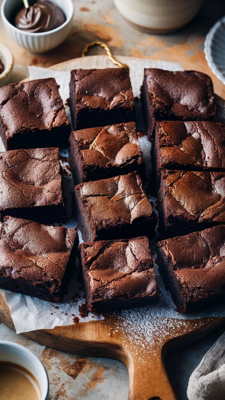Brownies chocolat sur planche bois.