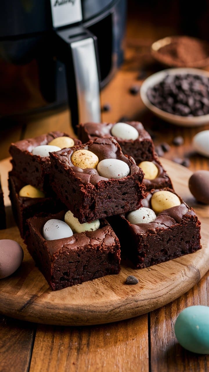 Brownies avec œufs de Pâques sur une planche.