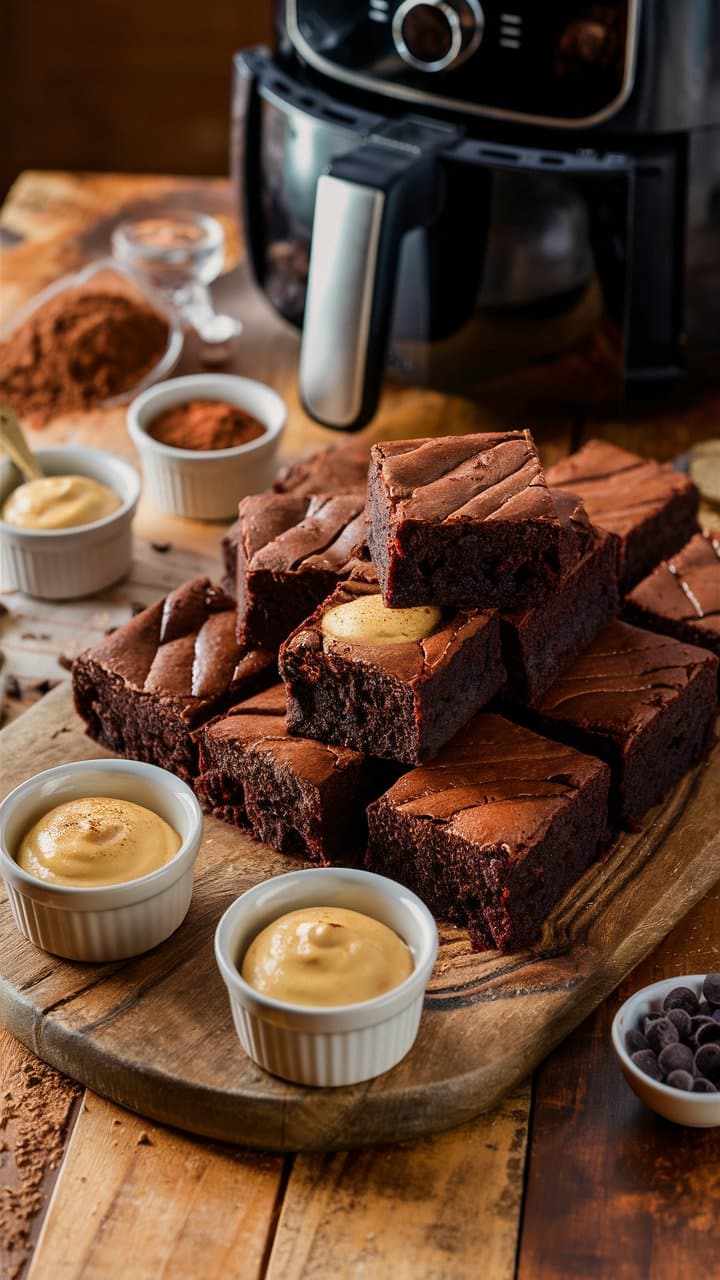 Brownies au chocolat avec sauce caramel à côté.