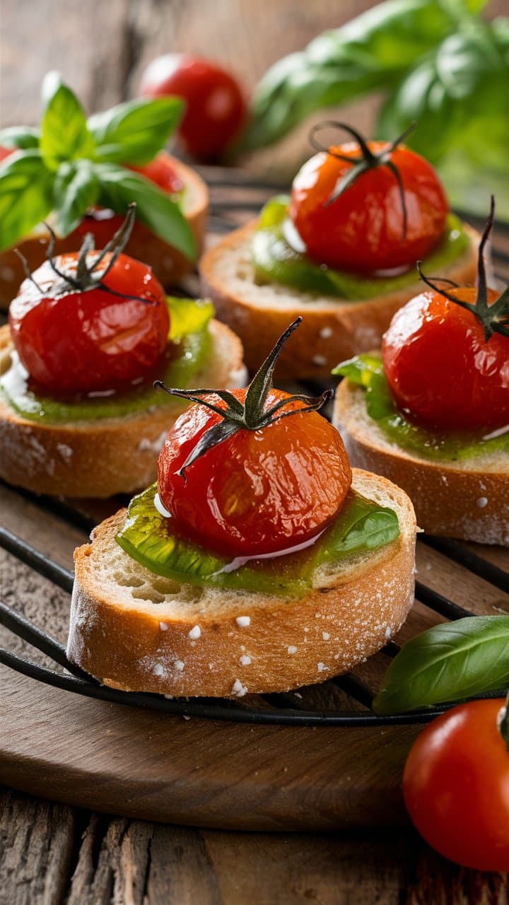Bruschetta aux tomates cerises et basilic frais.