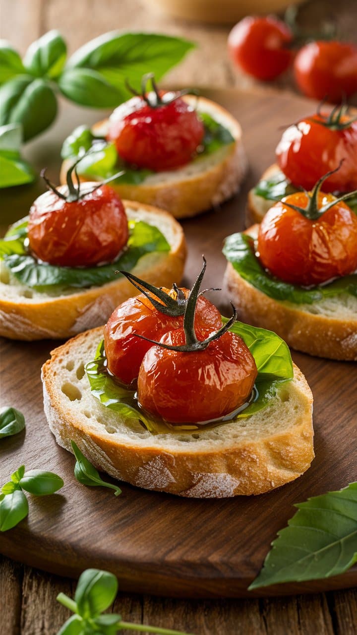 Bruschetta tomate et basilic sur planche en bois.