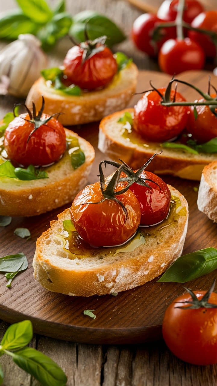 Bruschettas aux tomates cerises et basilic.