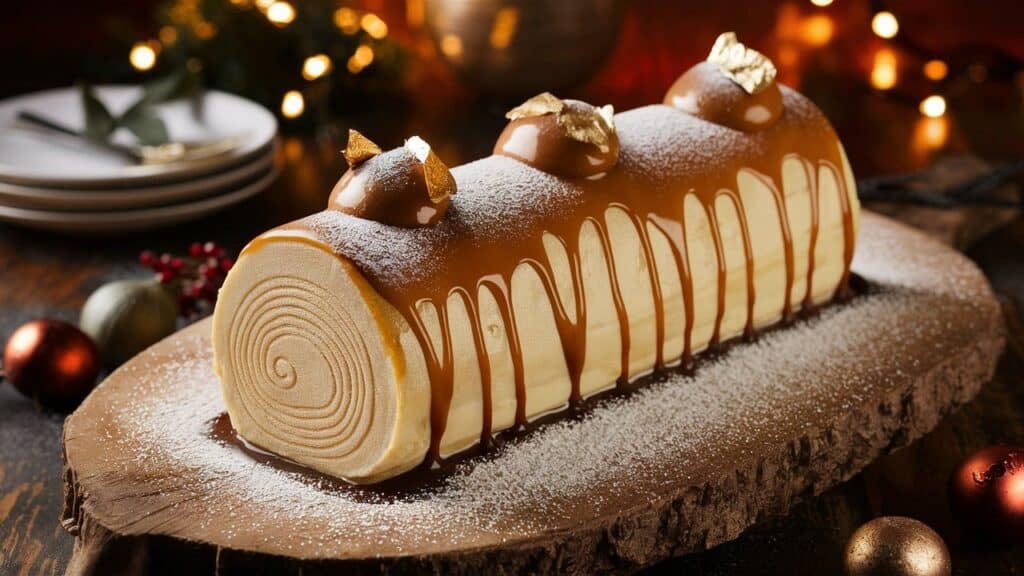 Bûche de Noël au caramel décorée.