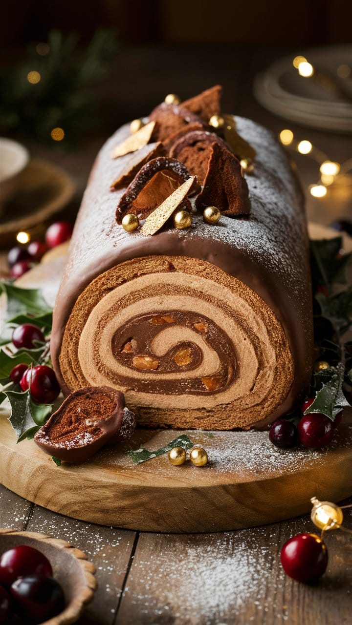 Bûche de Noël chocolat décorée de fruits rouges.