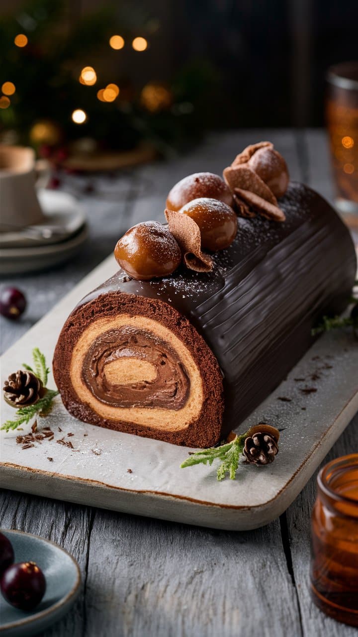 Bûche de Noël chocolat décorée de marrons glacés.