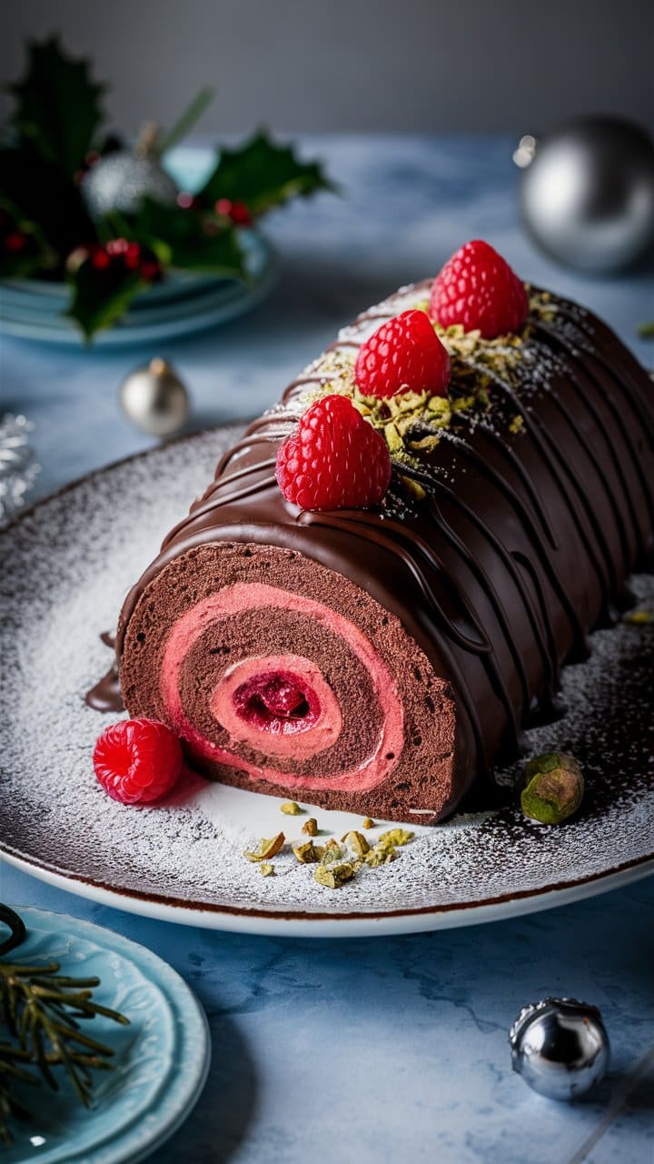 Bûche au chocolat et framboises décorée de pistaches.