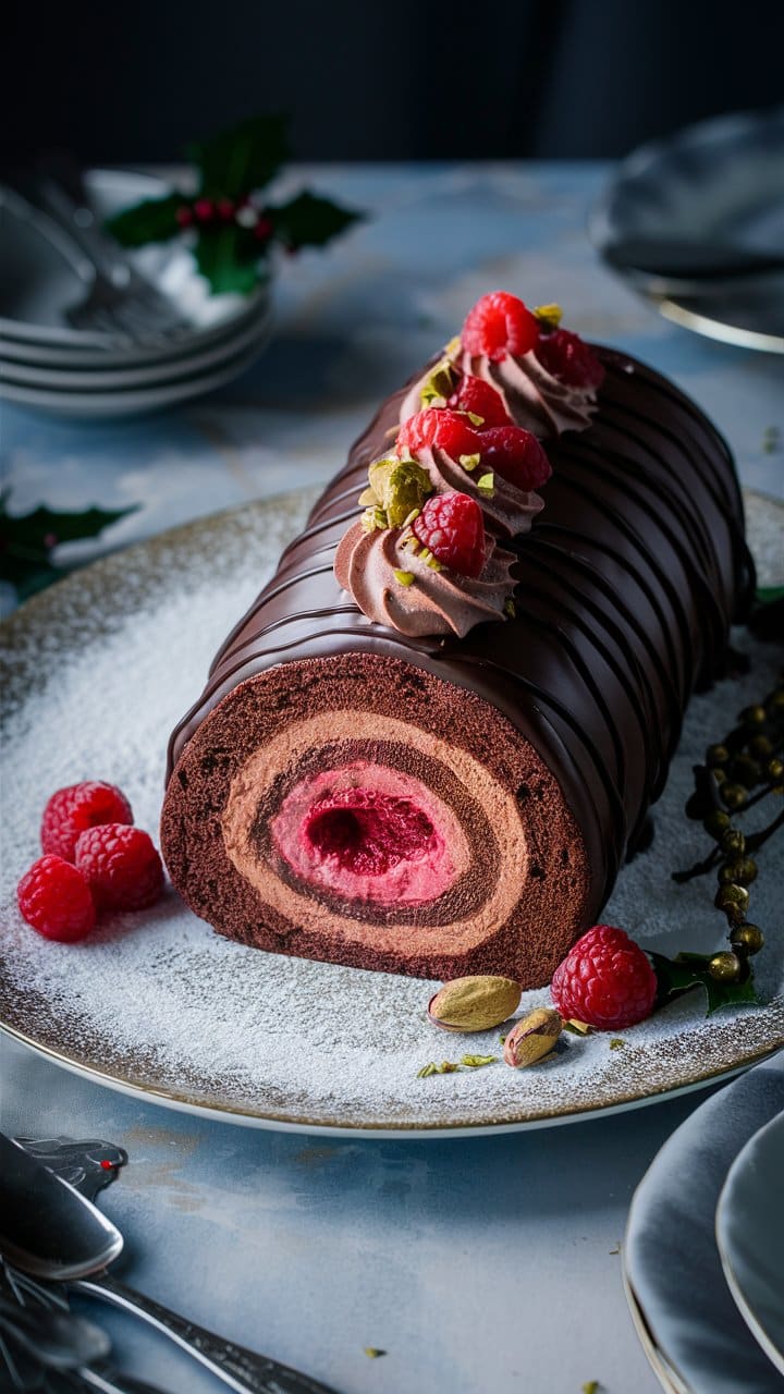 Bûche chocolat framboise décorée de pistaches.
