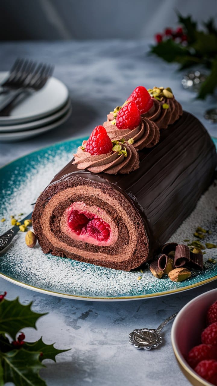 Bûche chocolat framboise décorée, assiette festive.