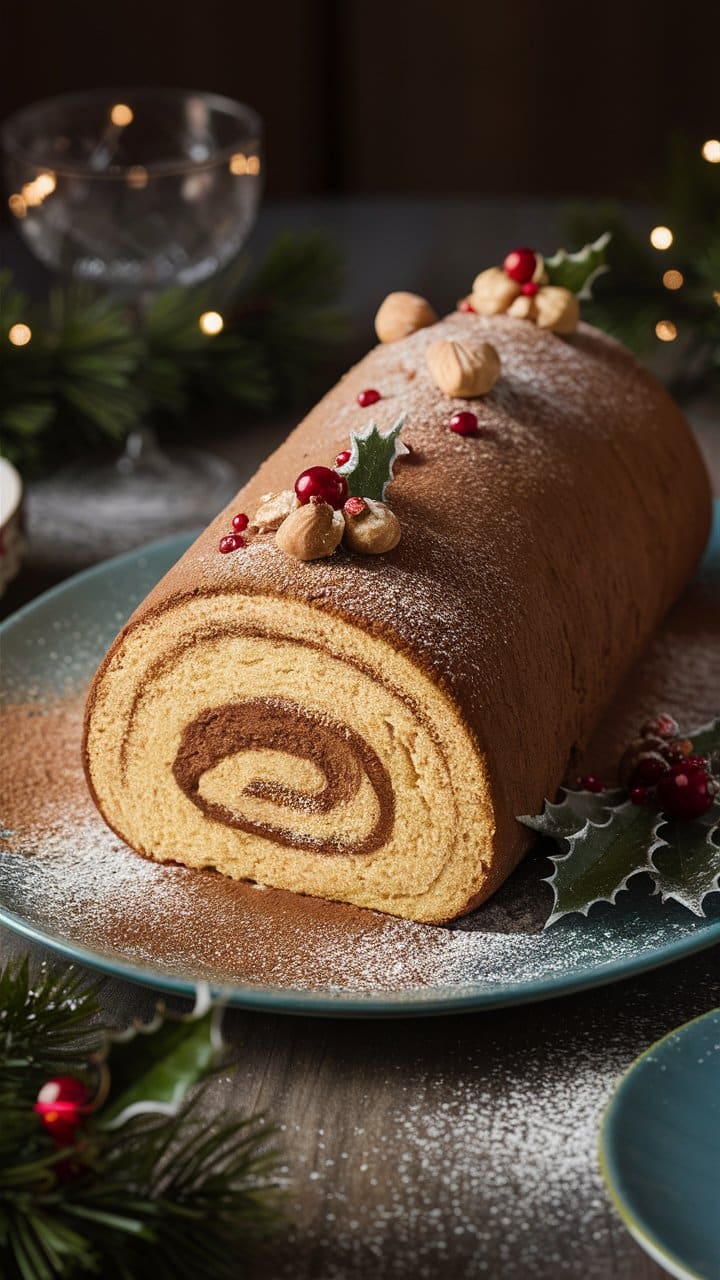 Bûche de Noël décorée de noisettes et de houx.