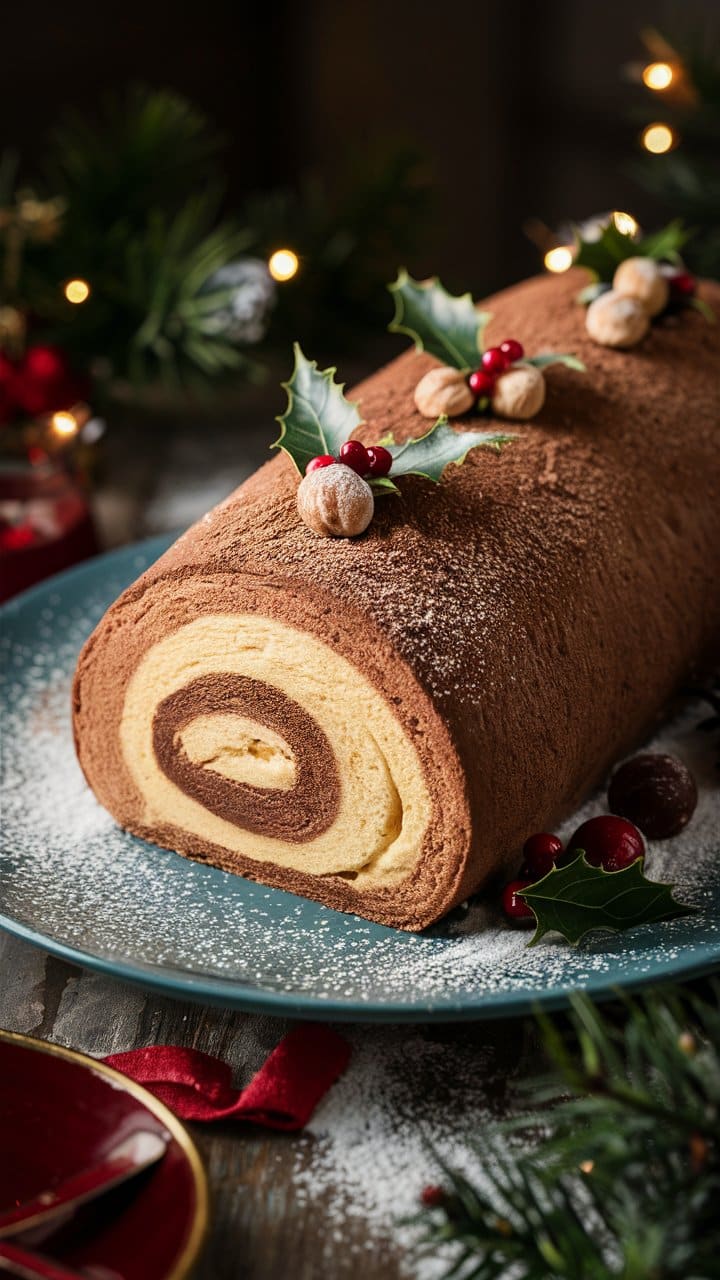 Bûche de Noël au chocolat décorée de baies.